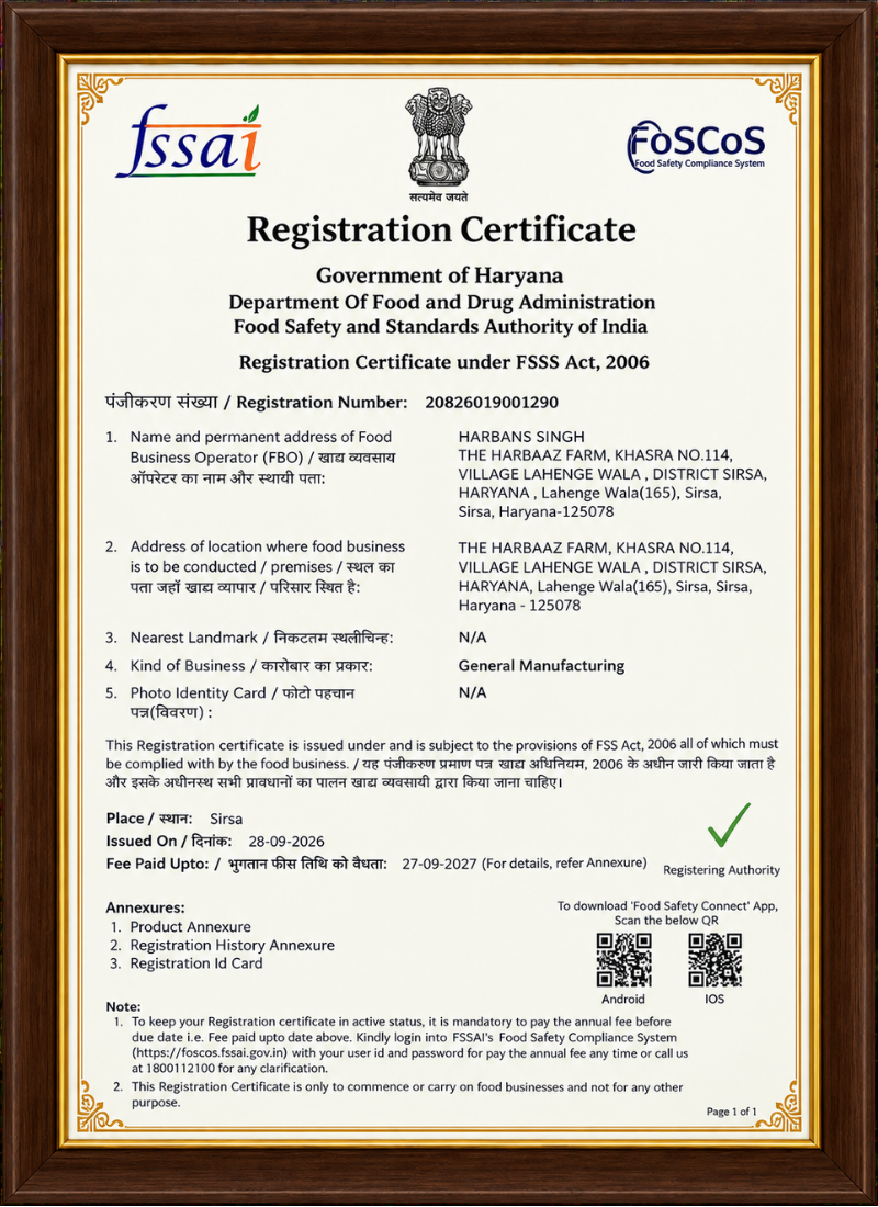 FSSAI Certification Certificate